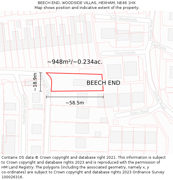 BEECH END, WOODSIDE VILLAS, HEXHAM, NE46 1HX: Plot and title map