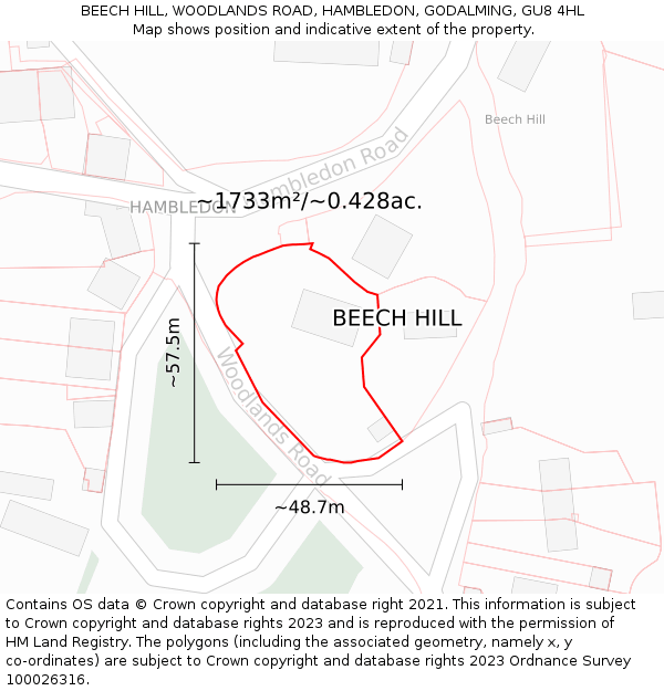 BEECH HILL, WOODLANDS ROAD, HAMBLEDON, GODALMING, GU8 4HL: Plot and title map