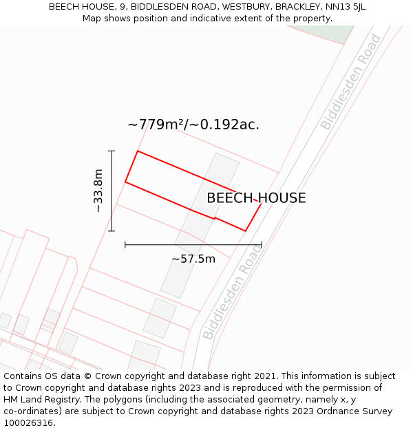 BEECH HOUSE, 9, BIDDLESDEN ROAD, WESTBURY, BRACKLEY, NN13 5JL: Plot and title map