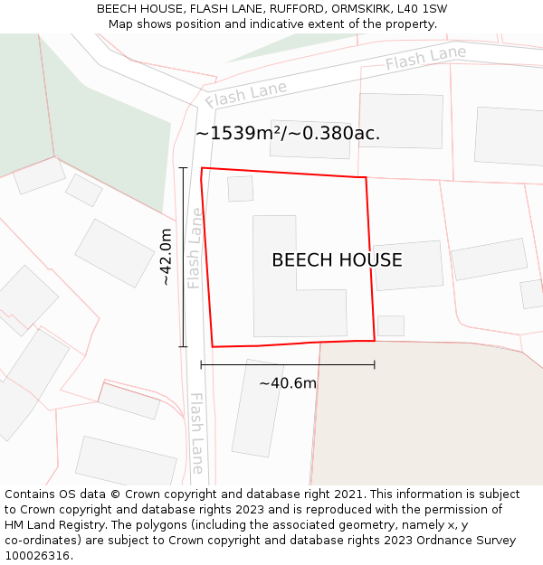 BEECH HOUSE, FLASH LANE, RUFFORD, ORMSKIRK, L40 1SW: Plot and title map