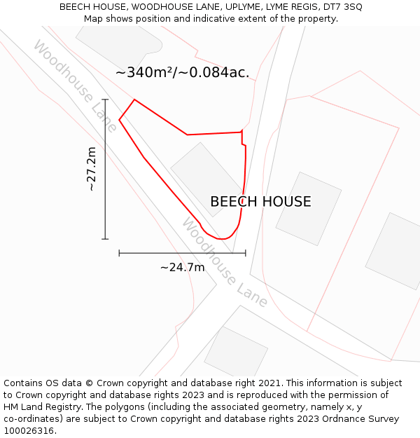 BEECH HOUSE, WOODHOUSE LANE, UPLYME, LYME REGIS, DT7 3SQ: Plot and title map