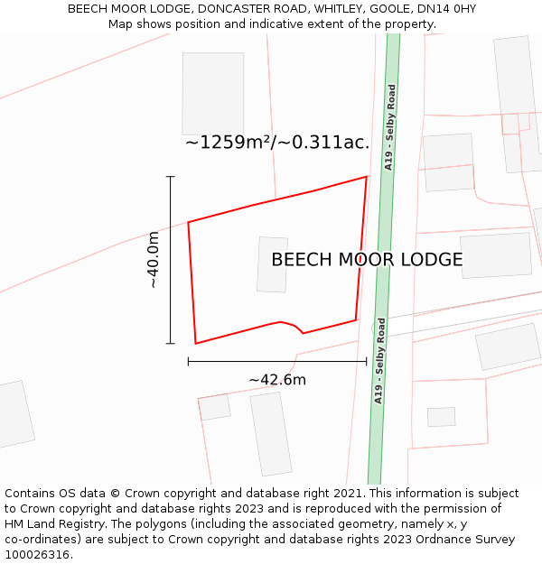 BEECH MOOR LODGE, DONCASTER ROAD, WHITLEY, GOOLE, DN14 0HY: Plot and title map