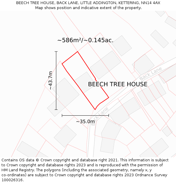 BEECH TREE HOUSE, BACK LANE, LITTLE ADDINGTON, KETTERING, NN14 4AX: Plot and title map