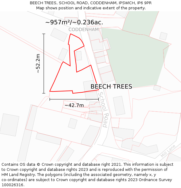 BEECH TREES, SCHOOL ROAD, CODDENHAM, IPSWICH, IP6 9PR: Plot and title map