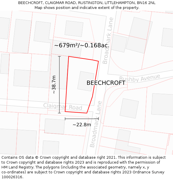 BEECHCROFT, CLAIGMAR ROAD, RUSTINGTON, LITTLEHAMPTON, BN16 2NL: Plot and title map