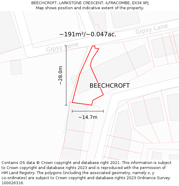 BEECHCROFT, LARKSTONE CRESCENT, ILFRACOMBE, EX34 9PJ: Plot and title map