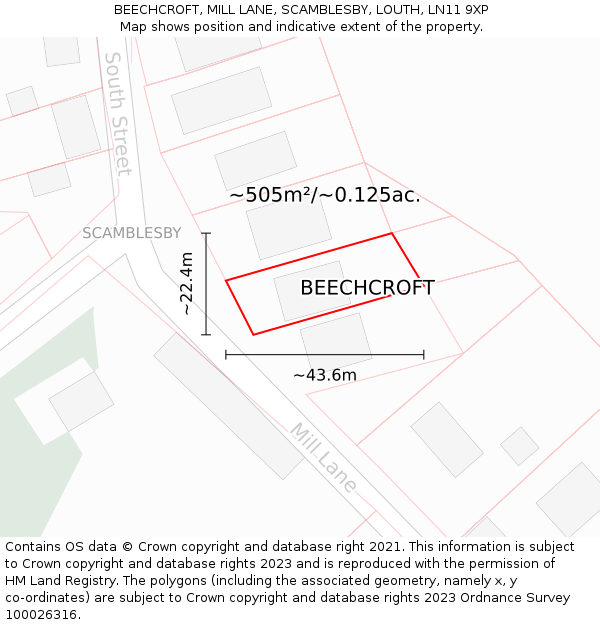 BEECHCROFT, MILL LANE, SCAMBLESBY, LOUTH, LN11 9XP: Plot and title map