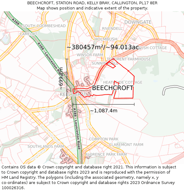 BEECHCROFT, STATION ROAD, KELLY BRAY, CALLINGTON, PL17 8ER: Plot and title map