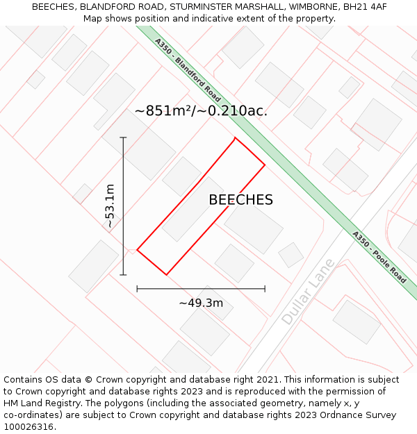 BEECHES, BLANDFORD ROAD, STURMINSTER MARSHALL, WIMBORNE, BH21 4AF: Plot and title map