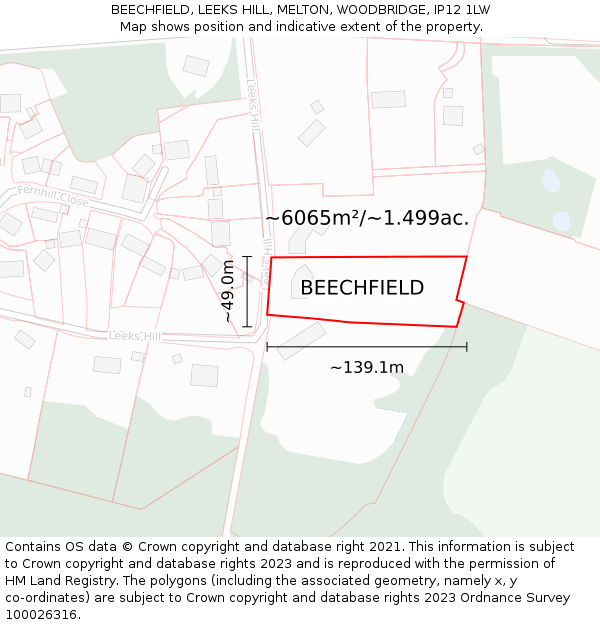 BEECHFIELD, LEEKS HILL, MELTON, WOODBRIDGE, IP12 1LW: Plot and title map