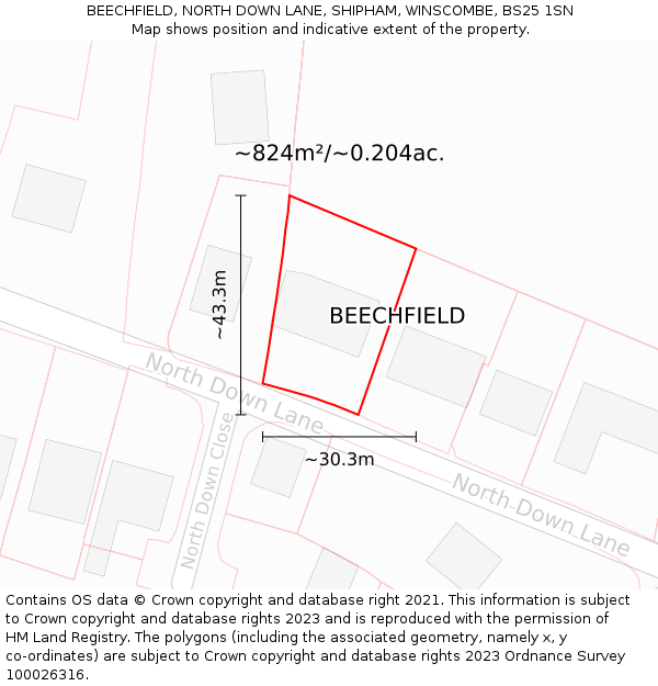 BEECHFIELD, NORTH DOWN LANE, SHIPHAM, WINSCOMBE, BS25 1SN: Plot and title map