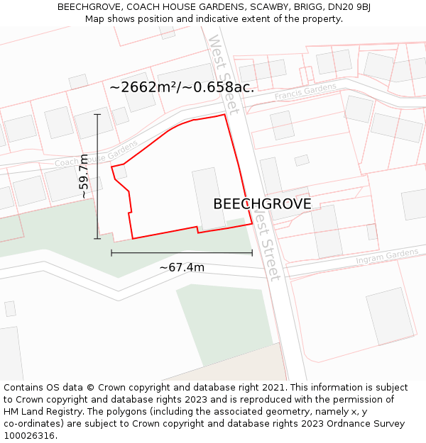 BEECHGROVE, COACH HOUSE GARDENS, SCAWBY, BRIGG, DN20 9BJ: Plot and title map