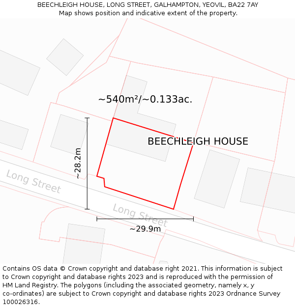 BEECHLEIGH HOUSE, LONG STREET, GALHAMPTON, YEOVIL, BA22 7AY: Plot and title map