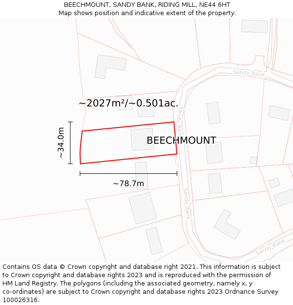 BEECHMOUNT, SANDY BANK, RIDING MILL, NE44 6HT: Plot and title map