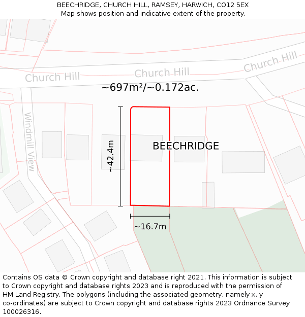 BEECHRIDGE, CHURCH HILL, RAMSEY, HARWICH, CO12 5EX: Plot and title map
