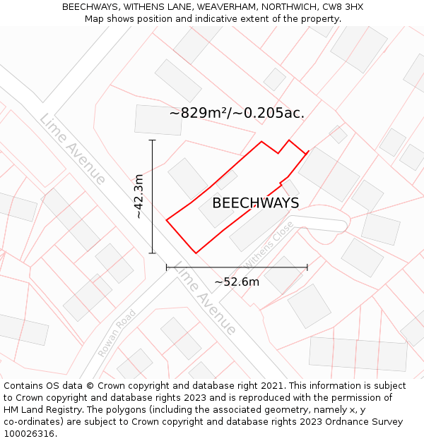 BEECHWAYS, WITHENS LANE, WEAVERHAM, NORTHWICH, CW8 3HX: Plot and title map
