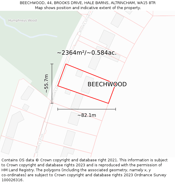 BEECHWOOD, 44, BROOKS DRIVE, HALE BARNS, ALTRINCHAM, WA15 8TR: Plot and title map