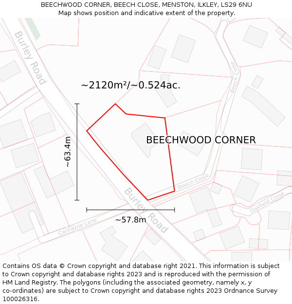 BEECHWOOD CORNER, BEECH CLOSE, MENSTON, ILKLEY, LS29 6NU: Plot and title map