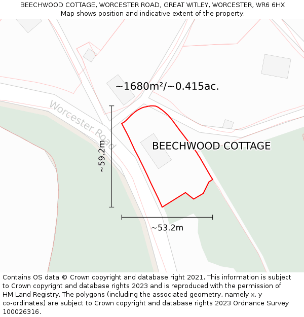 BEECHWOOD COTTAGE, WORCESTER ROAD, GREAT WITLEY, WORCESTER, WR6 6HX: Plot and title map