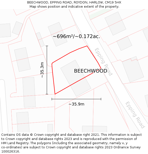 BEECHWOOD, EPPING ROAD, ROYDON, HARLOW, CM19 5HX: Plot and title map