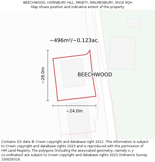 BEECHWOOD, HORNBURY HILL, MINETY, MALMESBURY, SN16 9QH: Plot and title map