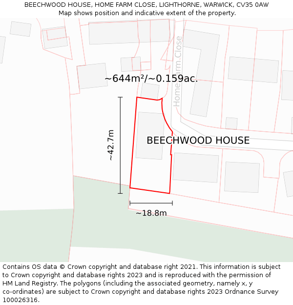 BEECHWOOD HOUSE, HOME FARM CLOSE, LIGHTHORNE, WARWICK, CV35 0AW: Plot and title map