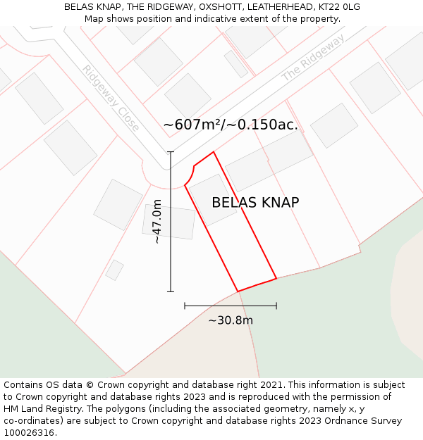 BELAS KNAP, THE RIDGEWAY, OXSHOTT, LEATHERHEAD, KT22 0LG: Plot and title map