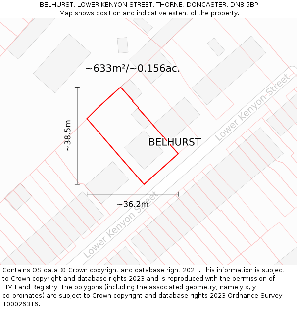 BELHURST, LOWER KENYON STREET, THORNE, DONCASTER, DN8 5BP: Plot and title map