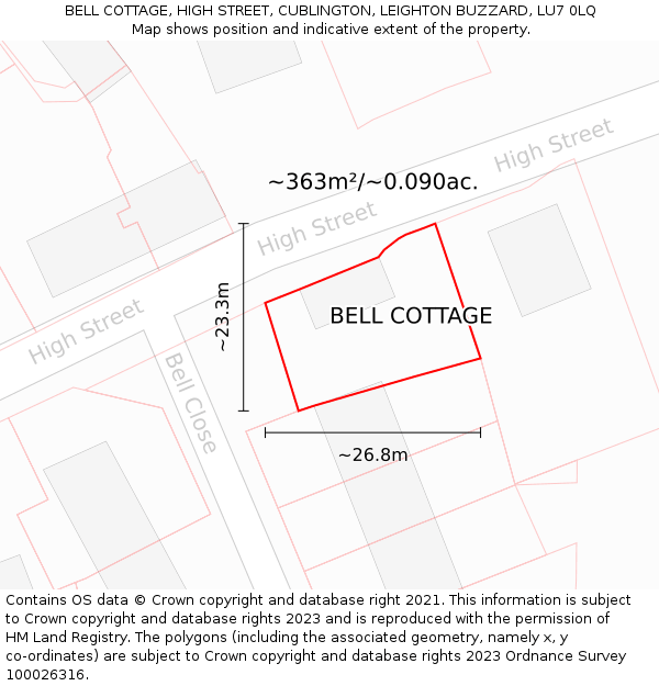 BELL COTTAGE, HIGH STREET, CUBLINGTON, LEIGHTON BUZZARD, LU7 0LQ: Plot and title map