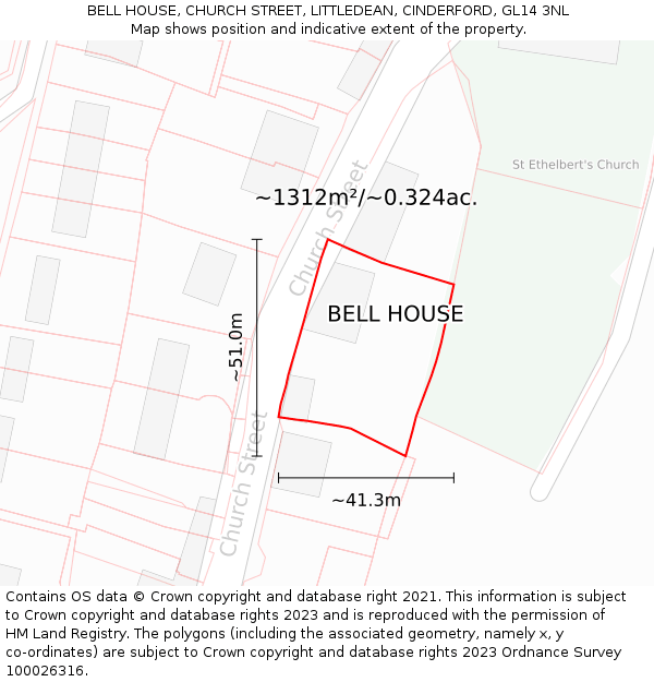 BELL HOUSE, CHURCH STREET, LITTLEDEAN, CINDERFORD, GL14 3NL: Plot and title map