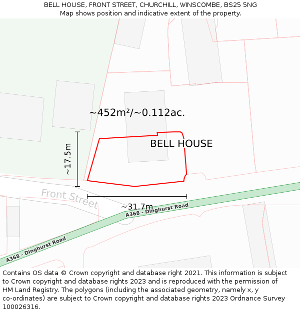 BELL HOUSE, FRONT STREET, CHURCHILL, WINSCOMBE, BS25 5NG: Plot and title map