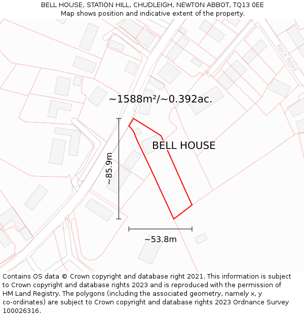 BELL HOUSE, STATION HILL, CHUDLEIGH, NEWTON ABBOT, TQ13 0EE: Plot and title map