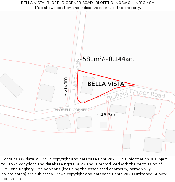 BELLA VISTA, BLOFIELD CORNER ROAD, BLOFIELD, NORWICH, NR13 4SA: Plot and title map