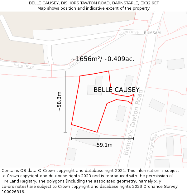 BELLE CAUSEY, BISHOPS TAWTON ROAD, BARNSTAPLE, EX32 9EF: Plot and title map