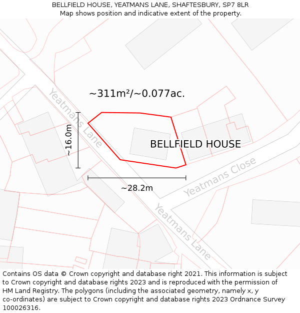 BELLFIELD HOUSE, YEATMANS LANE, SHAFTESBURY, SP7 8LR: Plot and title map