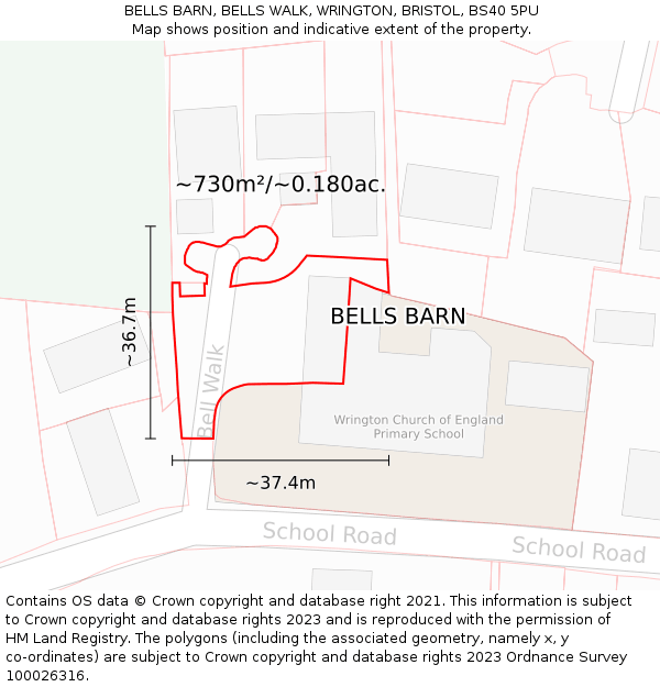 BELLS BARN, BELLS WALK, WRINGTON, BRISTOL, BS40 5PU: Plot and title map