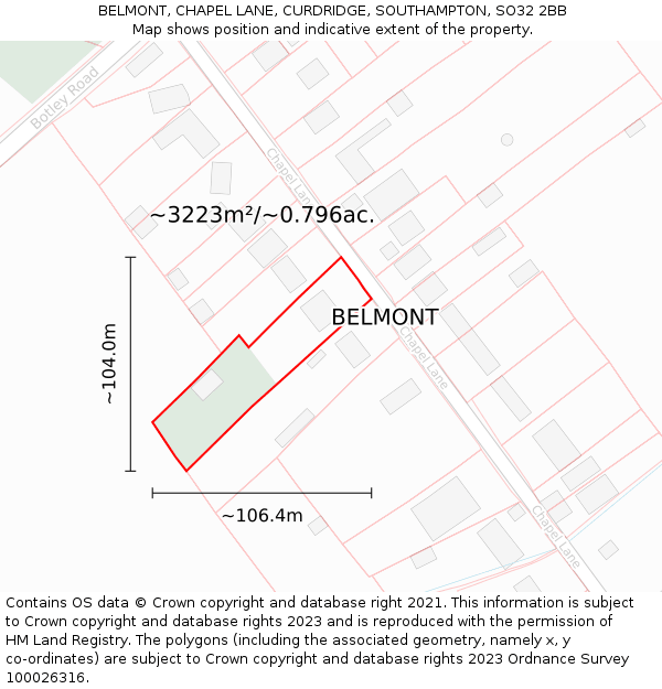 BELMONT, CHAPEL LANE, CURDRIDGE, SOUTHAMPTON, SO32 2BB: Plot and title map