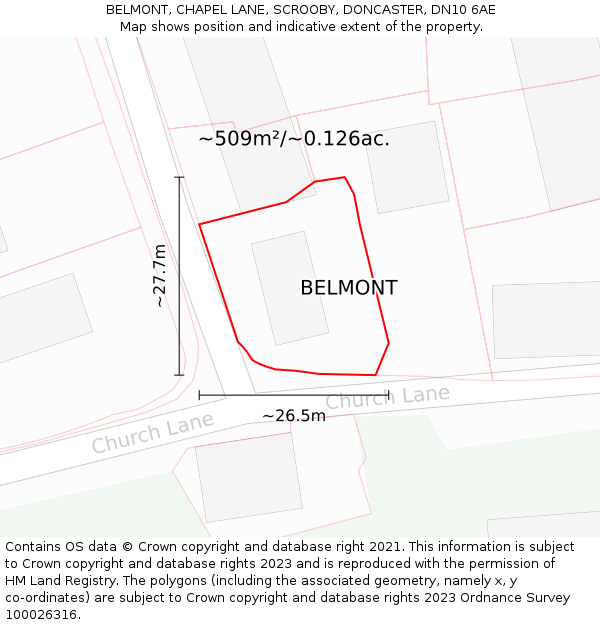 BELMONT, CHAPEL LANE, SCROOBY, DONCASTER, DN10 6AE: Plot and title map