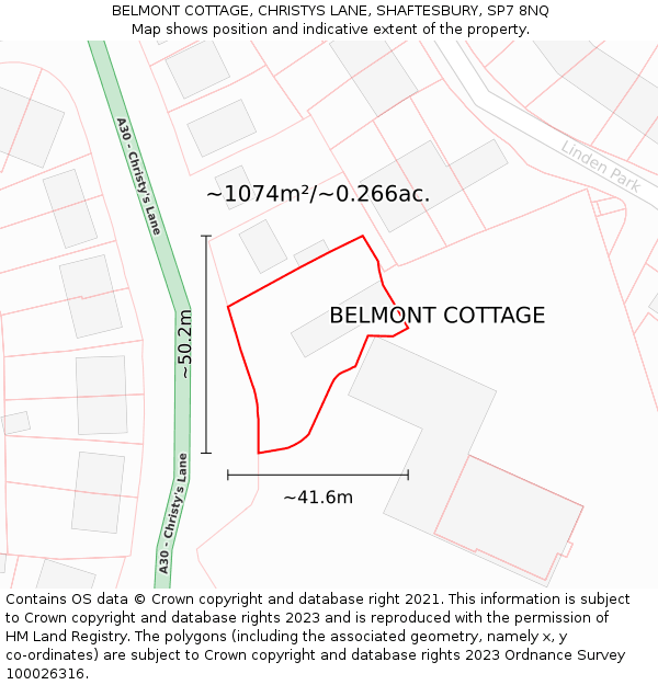 BELMONT COTTAGE, CHRISTYS LANE, SHAFTESBURY, SP7 8NQ: Plot and title map