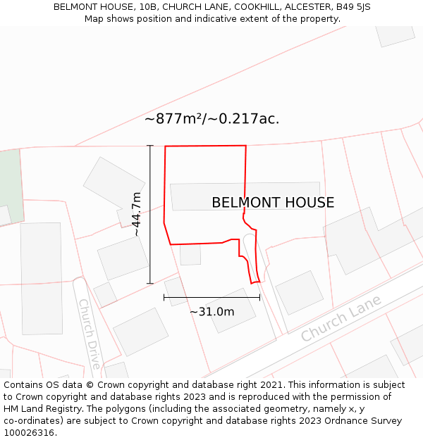 BELMONT HOUSE, 10B, CHURCH LANE, COOKHILL, ALCESTER, B49 5JS: Plot and title map