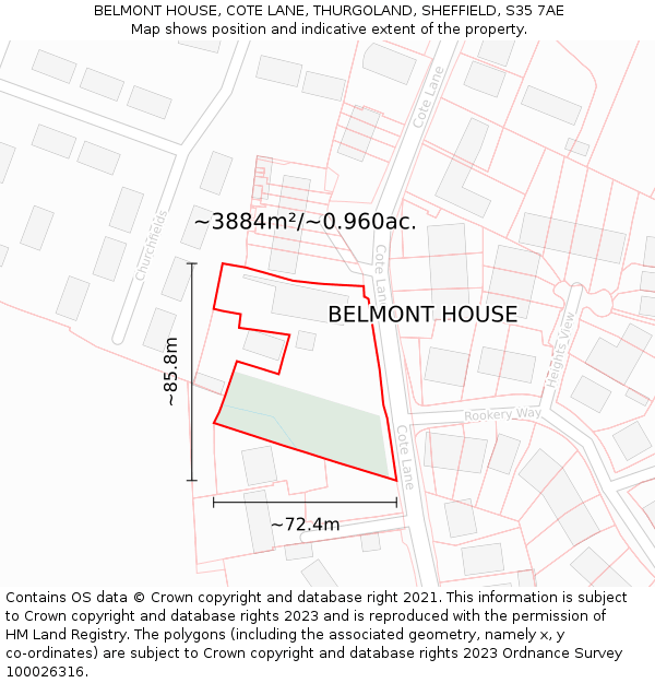 BELMONT HOUSE, COTE LANE, THURGOLAND, SHEFFIELD, S35 7AE: Plot and title map