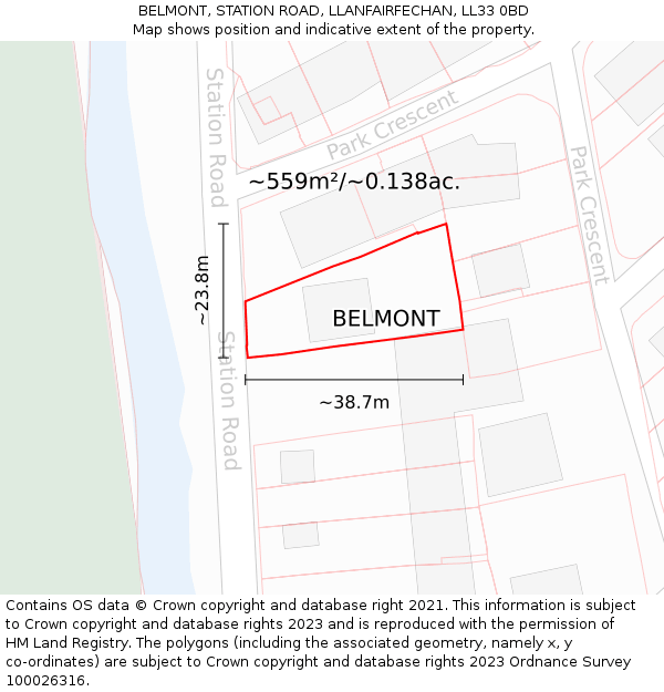 BELMONT, STATION ROAD, LLANFAIRFECHAN, LL33 0BD: Plot and title map