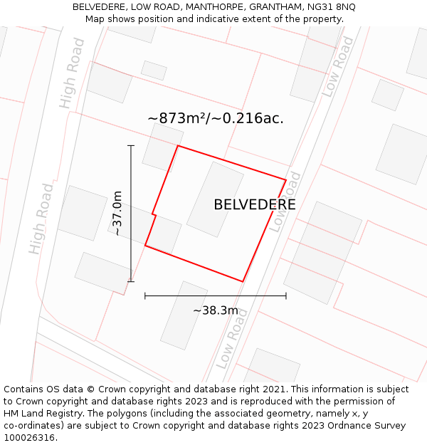 BELVEDERE, LOW ROAD, MANTHORPE, GRANTHAM, NG31 8NQ: Plot and title map