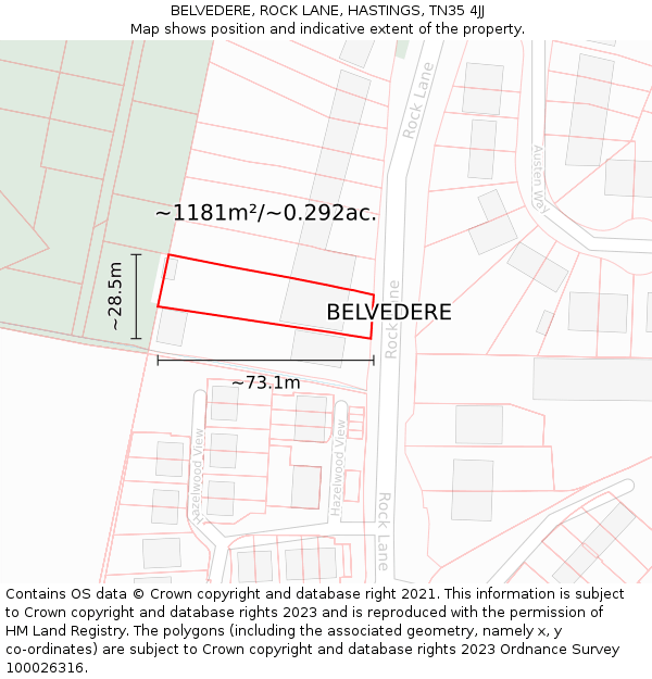 BELVEDERE, ROCK LANE, HASTINGS, TN35 4JJ: Plot and title map