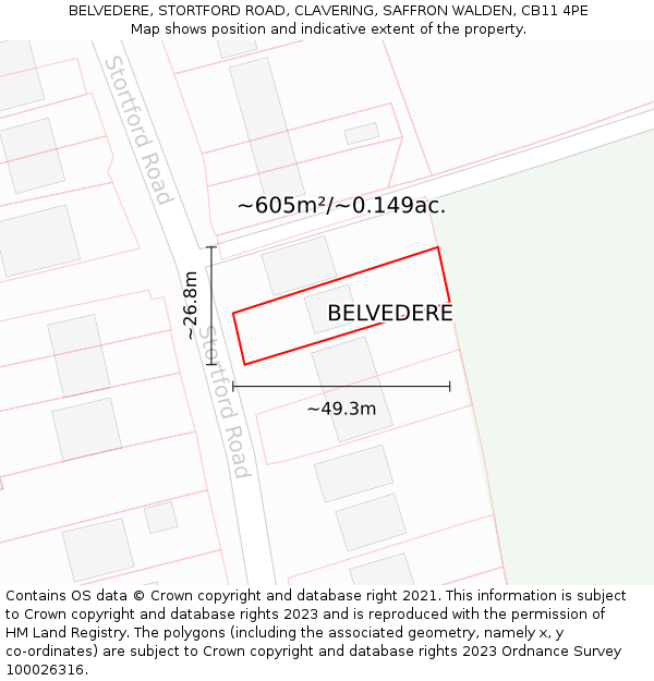 BELVEDERE, STORTFORD ROAD, CLAVERING, SAFFRON WALDEN, CB11 4PE: Plot and title map