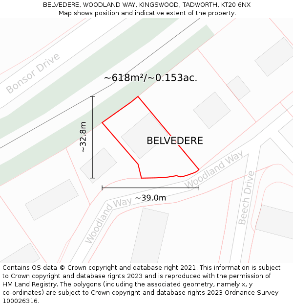 BELVEDERE, WOODLAND WAY, KINGSWOOD, TADWORTH, KT20 6NX: Plot and title map