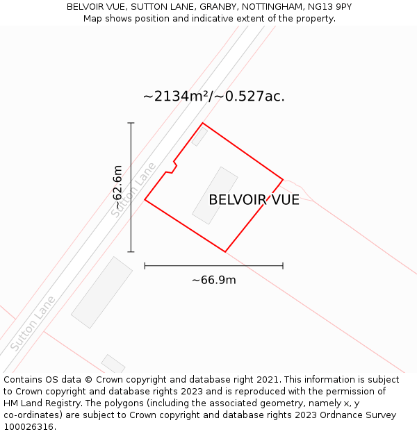 BELVOIR VUE, SUTTON LANE, GRANBY, NOTTINGHAM, NG13 9PY: Plot and title map