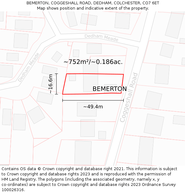 BEMERTON, COGGESHALL ROAD, DEDHAM, COLCHESTER, CO7 6ET: Plot and title map