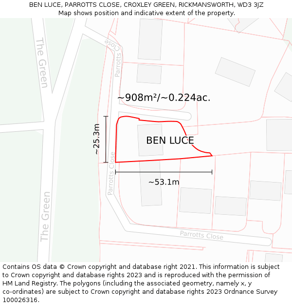 BEN LUCE, PARROTTS CLOSE, CROXLEY GREEN, RICKMANSWORTH, WD3 3JZ: Plot and title map