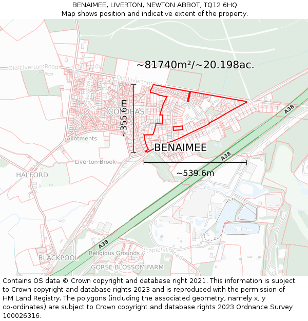BENAIMEE, LIVERTON, NEWTON ABBOT, TQ12 6HQ: Plot and title map